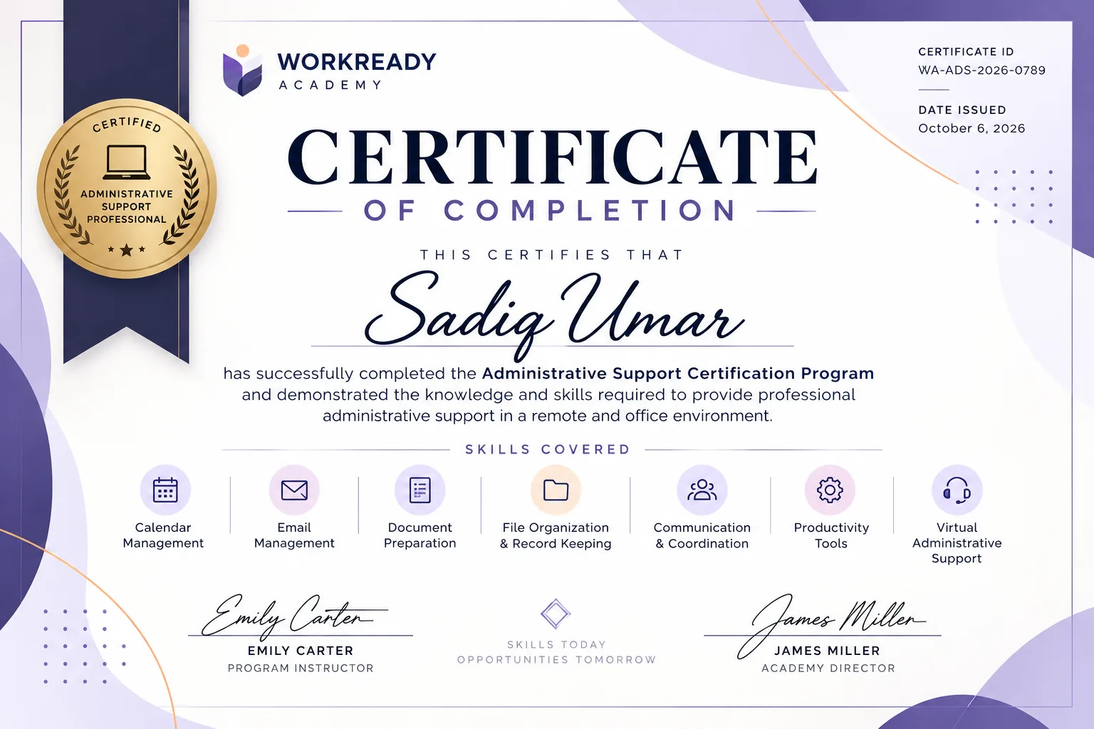 Administrative Support certificate